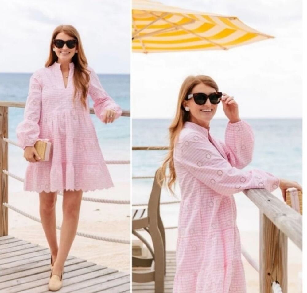 Tuckernuck Sail to Sable Charlotte Pink Gingham Eyelet Dress Pockets Medium